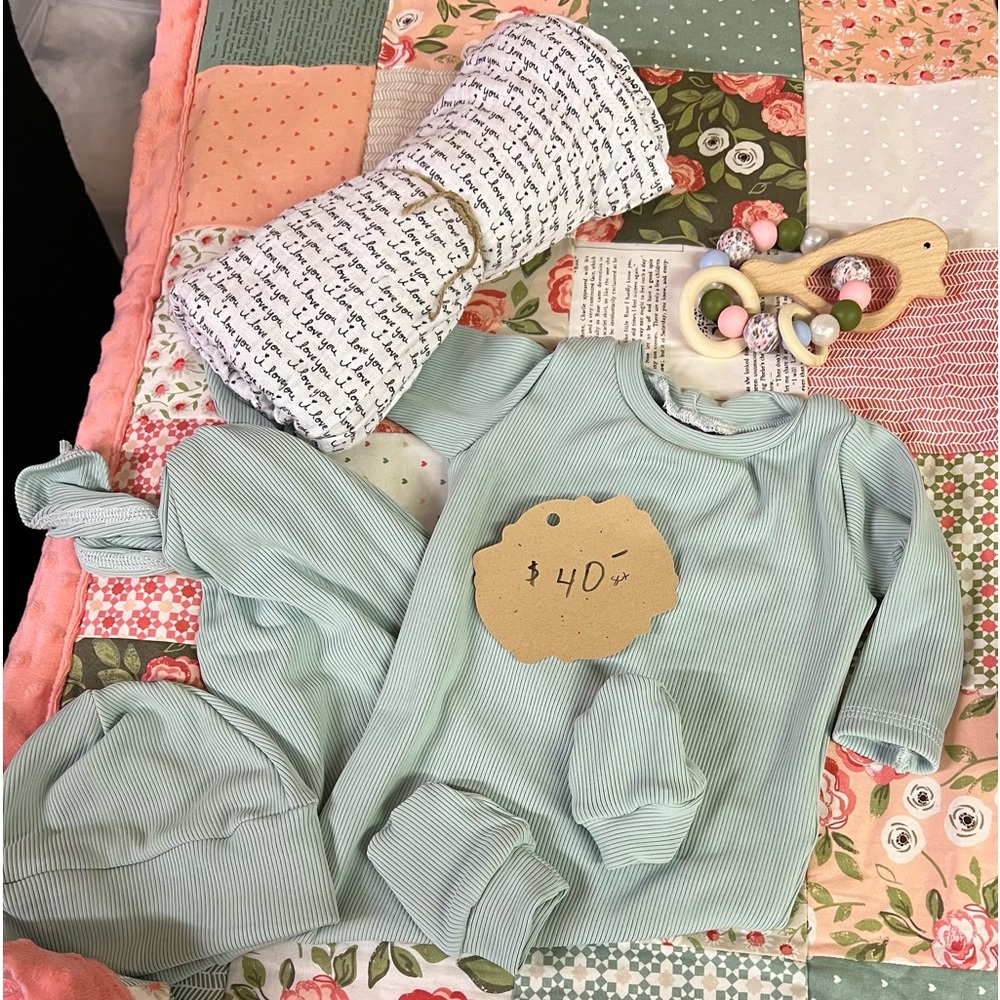 Hand made Baby tie gown set (gown, hat and mittens) muslin swaddle